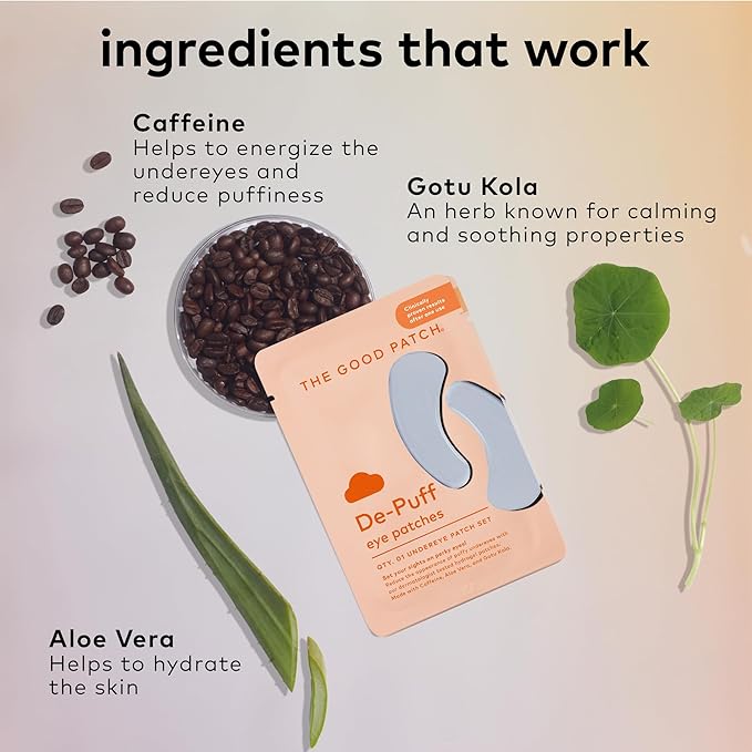 The Good Patch De-Puff Cooling Hydrogel Under Eye Patches for Puffy Eyes and Under Eye Bags, Made with Caffeine, Aloe Vera, Gotu Kola, Clinically Proven (18 Total Patch Sets)