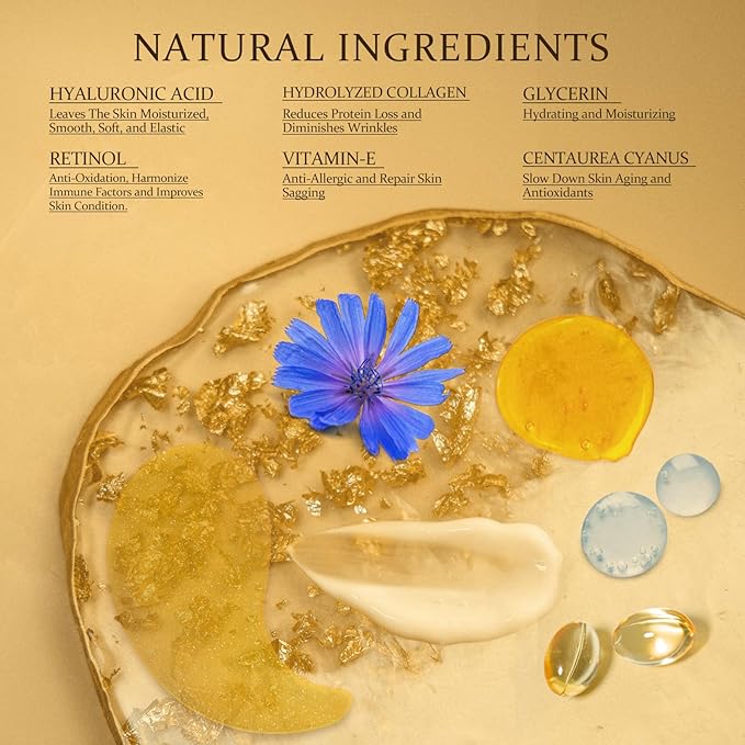 Under Eye Patches Masks - 24K Gold Eye Patch for Dark Circles & Puffy Eyesg,Fine Lines,Eye Bags Collagen Infused with Hyaluronic Acid Wrinkle Smoothing, Hydration & Firming Care (30 Pairs) Gold