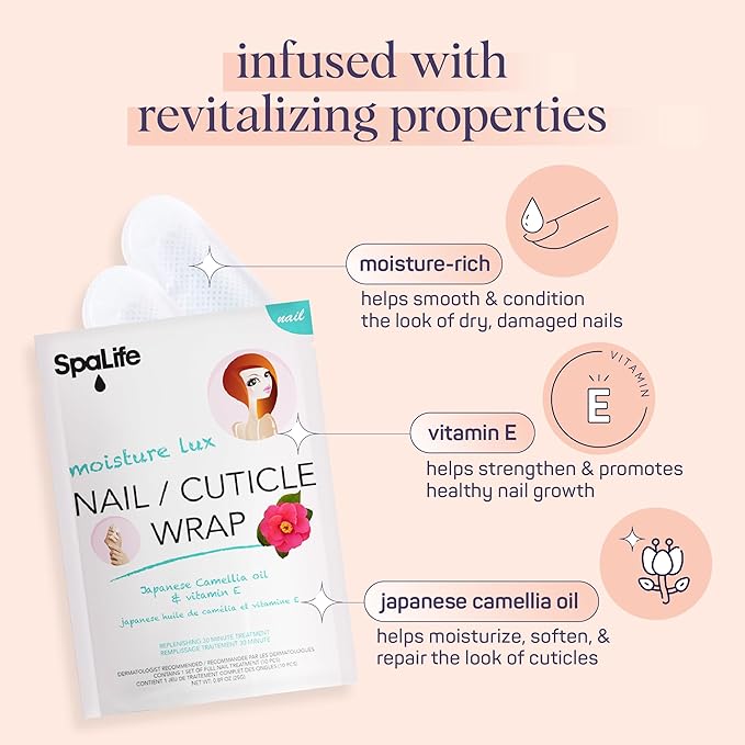 SpaLife Japanese Camellia Oil & Vitamin E Nail Cuticle Wrap 6-Pack (60 Count) - Moisturizing Nail Masks, Dermatologist Recommended, Hydrating Cuticle Repair Mask for Brittle Nails, Nail Spa Treatment