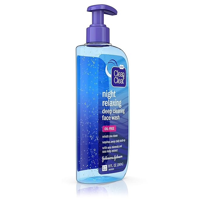Clean & Clear Night Relaxing Oil-Free Deep Cleaning Face Wash with Deep Sea Minerals & Sea Kelp Extract, For All Skin Types, 8 fl. oz (Pack of 2)