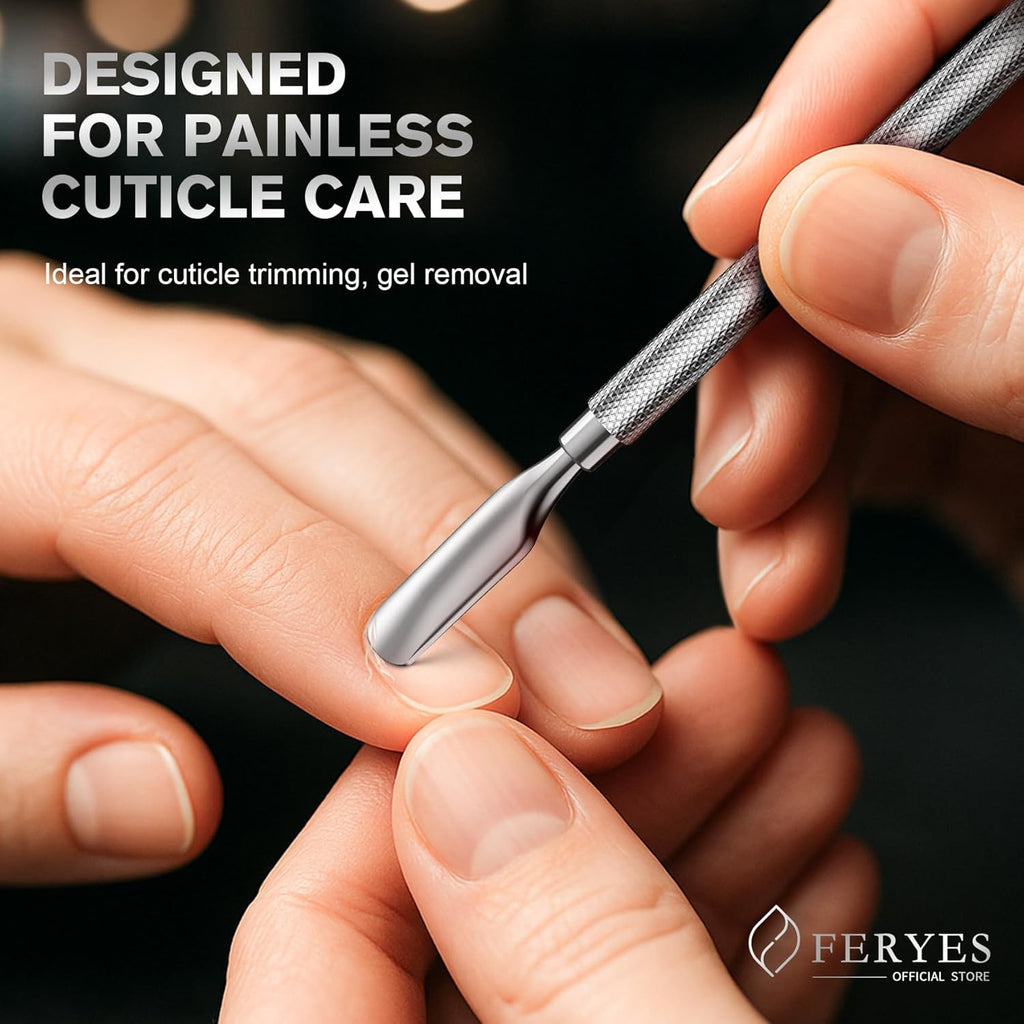 FERYES Professional Cuticle Pusher & Remover Tool - Stainless Steel Dual-Sided Nail Care Tool for Manicure & Pedicure - 5.2 Inch Salon & Home Use