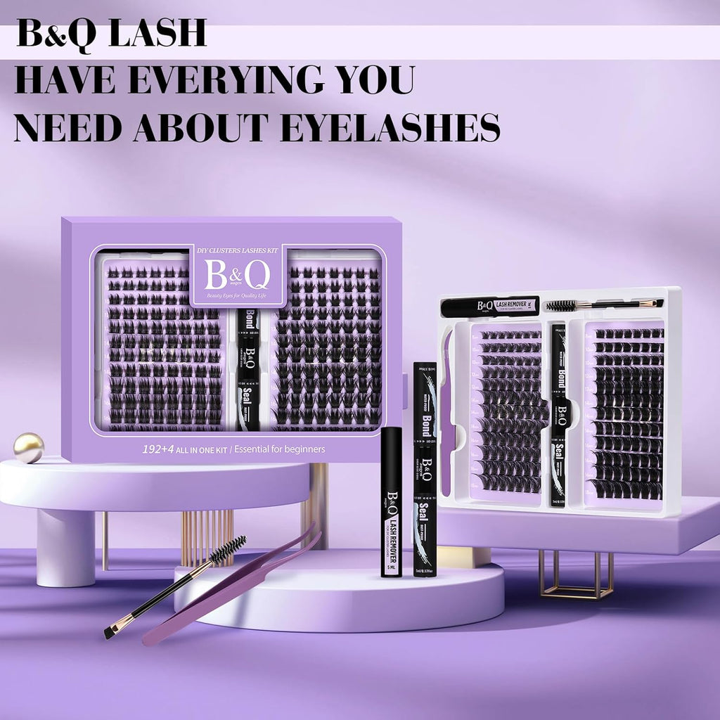B&Q Lash Extension Kit 192 pcs Eyelash Extension Kit B02+B07 8-18mm Mixed Lash Clusters Kit Individual Lashes Kit Wispy with Lash Glue and Remover Applications Eyelash Kit (B02+B07, Kit)