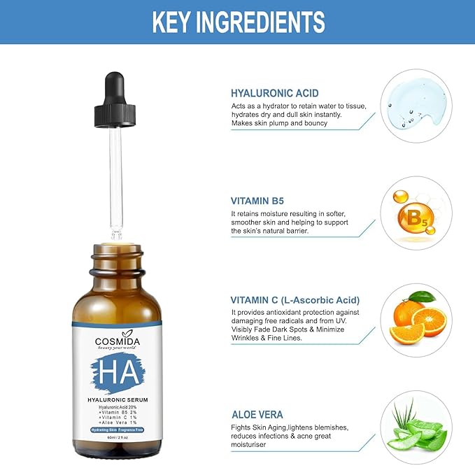Hyaluronic Acid Serum for Face with Vitamin B5,Pure Hyaluronic Acid Anti-Aging Serum for Plump up skin with intense hydration,Best for Dry, Dehydrated and Sensitive Skin,for Men & Women 2fl.oz