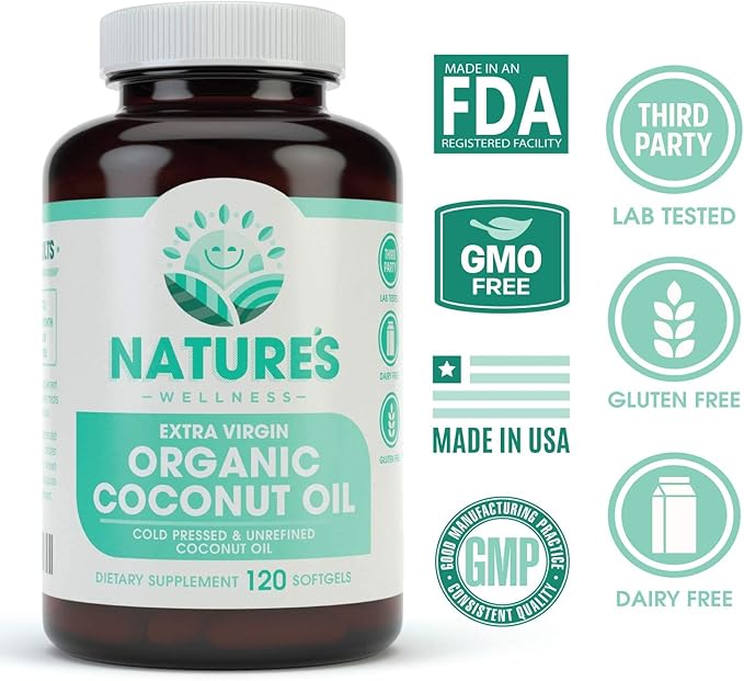 Natures Wellness Organic Coconut Oil 2000mg - Healthy Skin, Nails, Hair Growth – Extra Virgin, Cold Pressed, Unrefined Non GMO - Rich in MCT MCFA - Support Brain Function