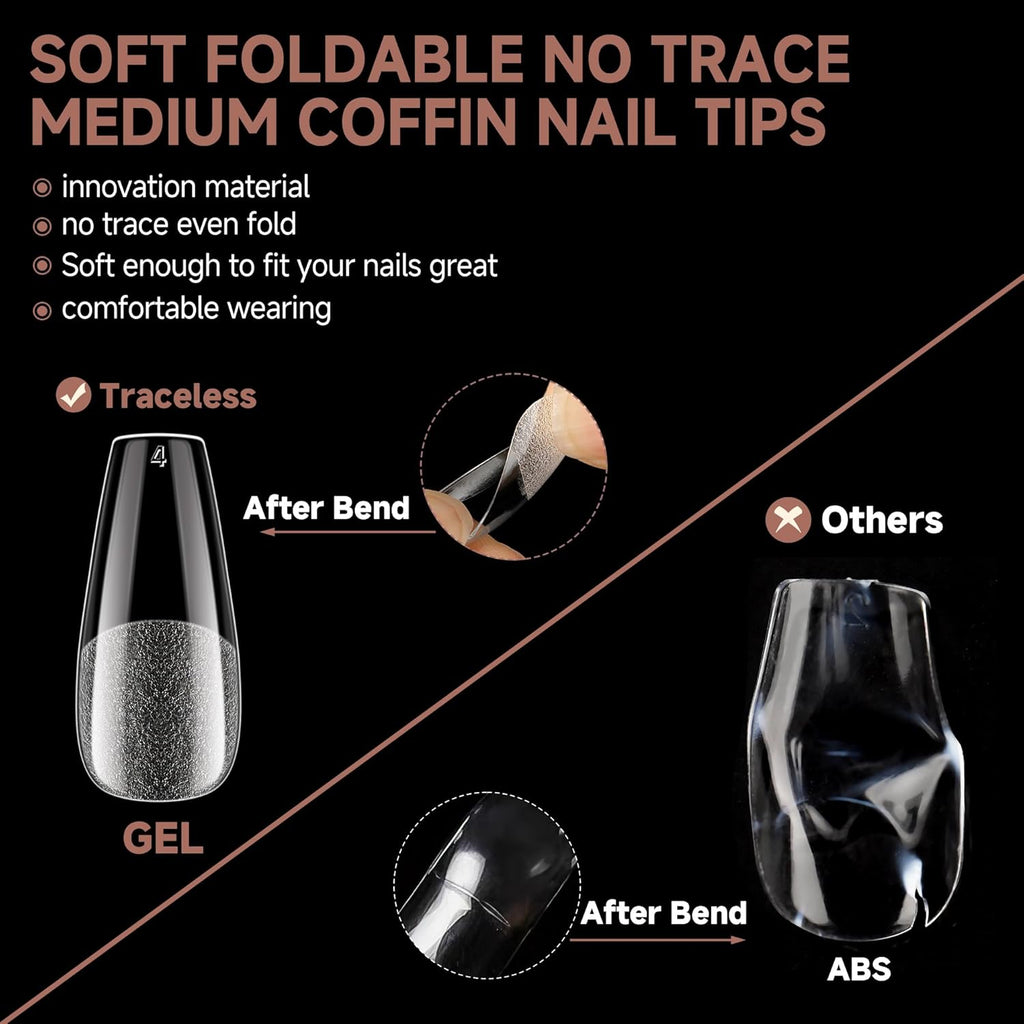 UNA GELLA Coffin Nails Tips, 216 PCS Soft Gel Nail Tips Coffin Half Matte Full Cover False Nails Pre-shaped Clear Acrylic Press on Nails Medium for Nail Extensions Home DIY Salon, 12 Sizes