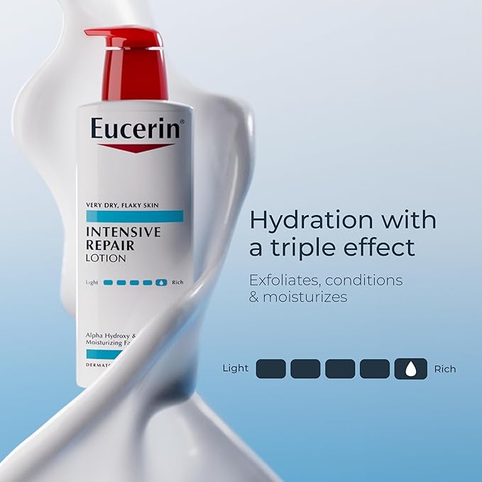 Eucerin Intensive Repair Body Lotion for Dry Skin with Alpha Hydroxy, Body Moisturizer for Very Dry Skin, Moisturizes, Exfoliates and Conditions, Paraben Free and Fragrance Free, 16.9 Fl Oz Bottle