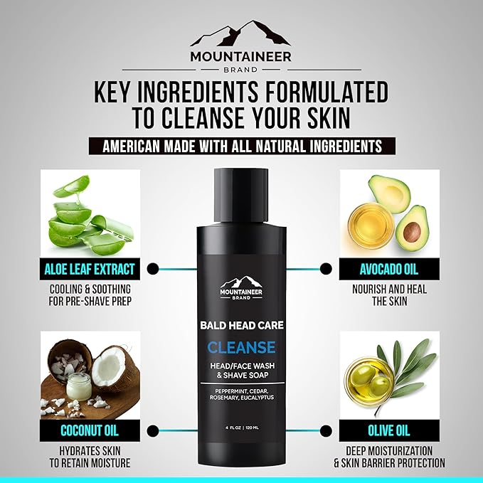 Mountaineer Brand Natural Bald Head Shampoo with Fresh & Natural Scent | Daily Scalp & Face Soap Wash | Bald Head Care for Men | Made in West Virginia | Cleanse | 4oz