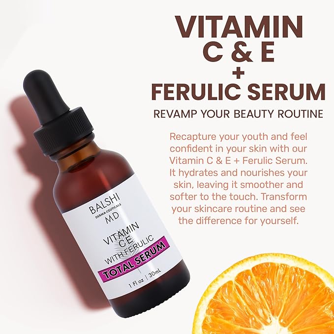 TOTAL SERUM - Vitamin C E with Ferulic Acid Serum - w/L Ascorbic Acid, Hyaluronic Acid, Glycerin, and Sodium PCA - Vitamin C Serum with Ferulic Acid Use to Boost Defense, Brighten, Firm, Hydrate, 1oz