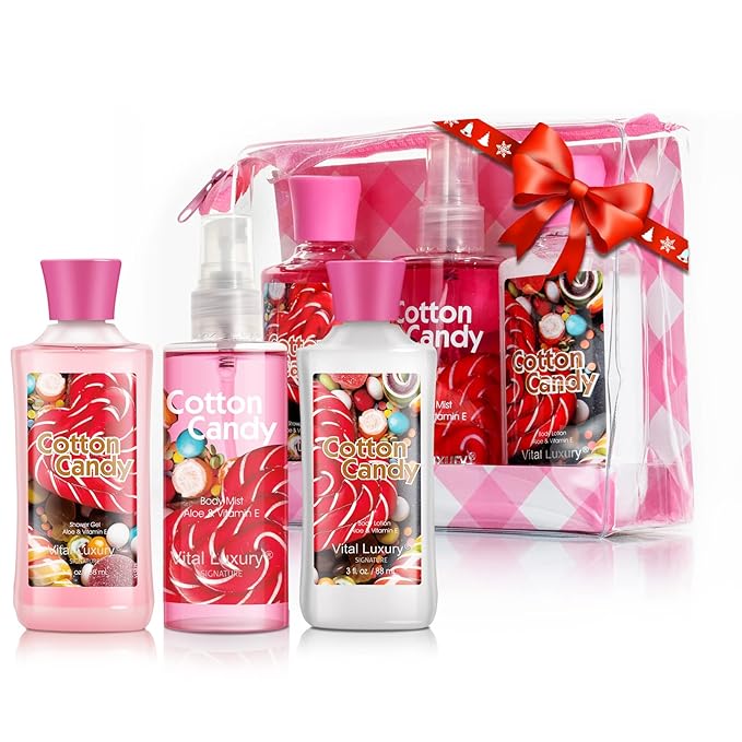 Cotton Candy Bath & Body Care Travel Set, Home Spa Gift Set Includes Body Lotion, Shower Gel, and Fragrance Mist, Personal Body Care Travel Set, Birthday Mother's Valentine's Day Gifts