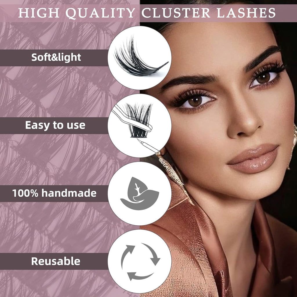 QUEWEL Cluster Lashes 72 Pcs Wide Stem Individual Lashes C/D Curl 8-16mm Length DIY Eyelash Extension False Eyelashes Soft for Personal Makeup Use at Home (honey01-C-10)