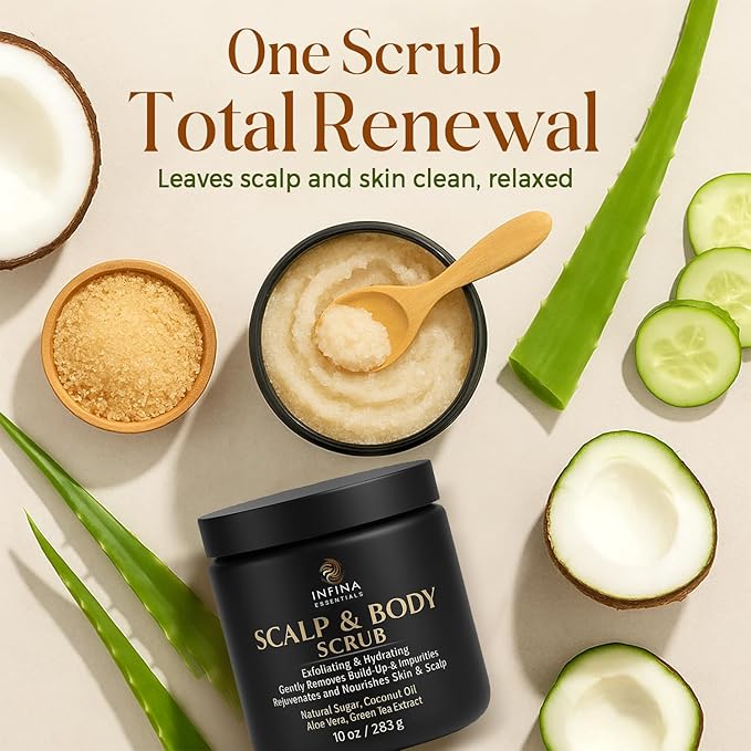 Scalp and Body Scrub – Exfoliating Sugar Cleanser with Coconut Oil, Menthol & Aloe – Dual-Use Polisher for Dry Skin & Flaky Scalp – Soothing, Cooling & Hydrating - INFINA ESSENTIALS | 8.45 fl oz