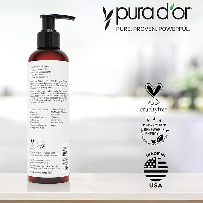 PURA D'OR Facial Cleansing Oil (8 Oz x3 = 24 Oz) Nourishing Botanical Blend with & Vitamin, Jojoba and Sunflower Oil - Gentle Makeup Remover & Deep Cleanser For Healthy, Glowing Skin - Paraben-Free