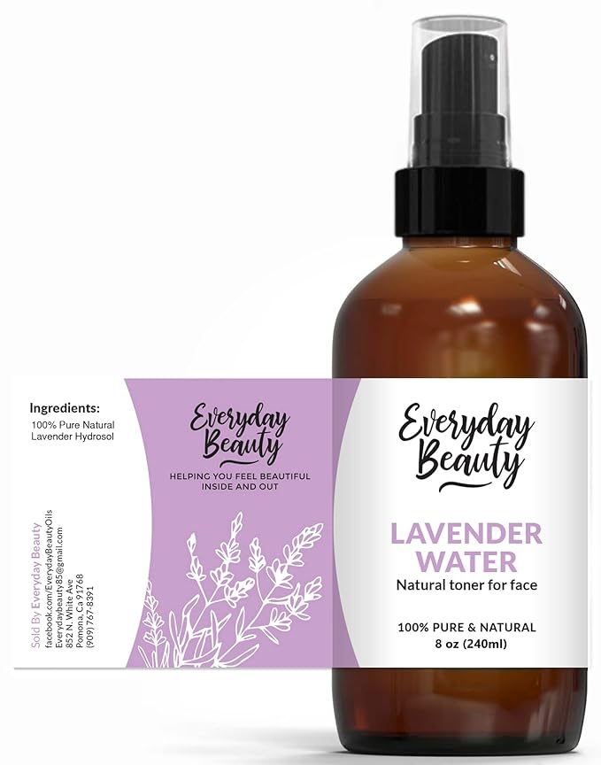 Lavender Hydrosol Facial Toner - All Natural Hydrating Spray Mist for Face and Hair - 100% All Natural Lavender Water Hydrosol 8oz with Fine Mist Cap