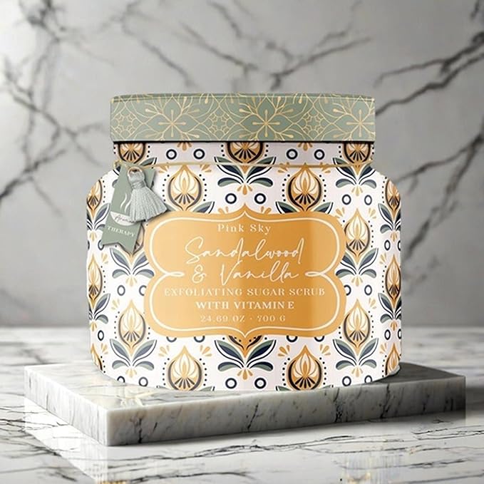 Pink Sky Exfoliating Body Scrub - Ultra Gentle Sugar Scrub for Smooth Skin - Premium Body Scrubs for Radiant, Soft Skin - Ideal Exfoliator for All Skin Types - 700g (Sandalwood & Vanilla, 24.69 Oz)