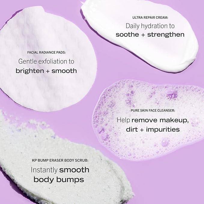 First Aid Beauty - Hydrated Glow Kit: KP Bump Eraser Body Scrub, 4 oz, Facial Radiance Pads, 28 Pads, Pure Skin Face Cleanser, 2 oz, & Ultra Repair Cream, 6oz, Hydration and Exfoliation Treatment, 4ct