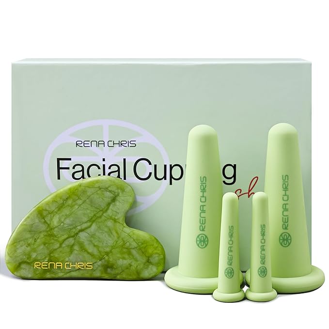 Rena Chris Facial Cupping Set & Gua Sha Facial Tool - Silicone Cupping Set & Jade Gua Sha Stone - Face Cupping Therapy Set for Natural Skin Care, Puffiness, Lip Plumping(Green)