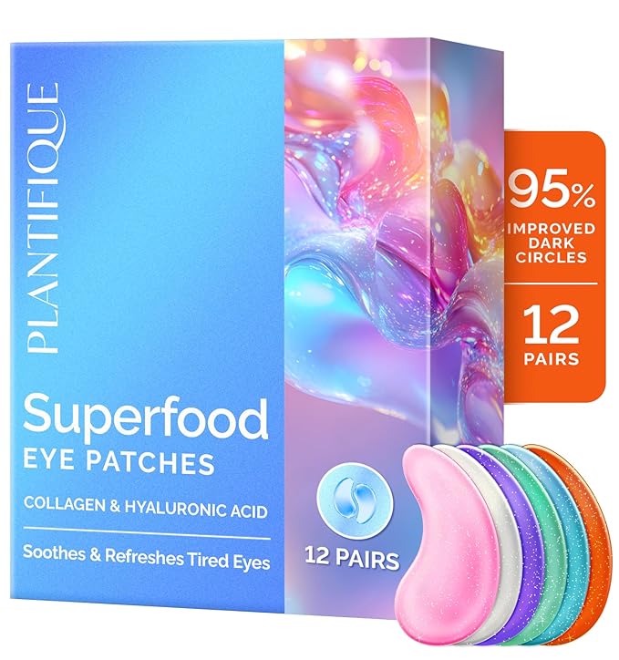 PLANTIFIQUE Superfood Under Eye Patches – 12 Pairs with Hyaluronic Acid for Dark Circles & Puffy Eyes – Anti-Aging Skincare Gel Mask, Gift for Women & Men
