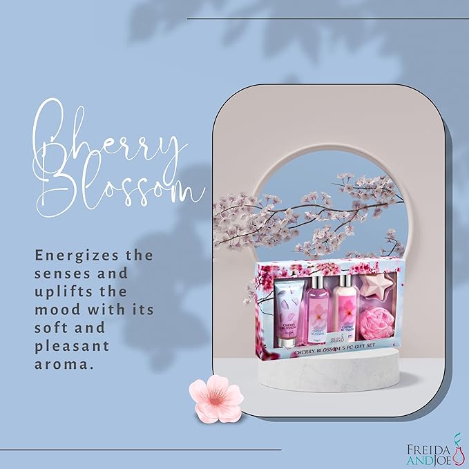 Freida & Joe Fragrance Bath & Body Collection Gift Box, Includes Shower Gel, Body Lotion, Body Scrub, Bath Bomb & Sponge (Blue Cherry Blossom)