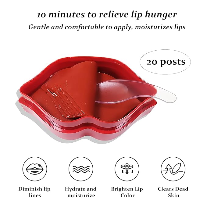 20Pcs Lip Mask Sheet,Red Cherry Moisturizing Plumping Lip Patches, Gel Treatment Lip Masks for Dry Lips Plump Lip Collagen Overnight Sleeping Lip Pads Patches（Red）