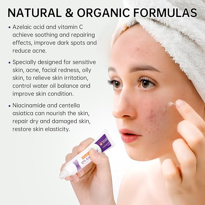 Azelaic Acid 12% Cream For Face, Azelaic Acid Acne Cream For Rosacea Treatment, Redness Relief, 0.7 OZ Azelaic Acid Gel With Salicylic Acid & Niacinamide For Dark Spot, Skin Care.