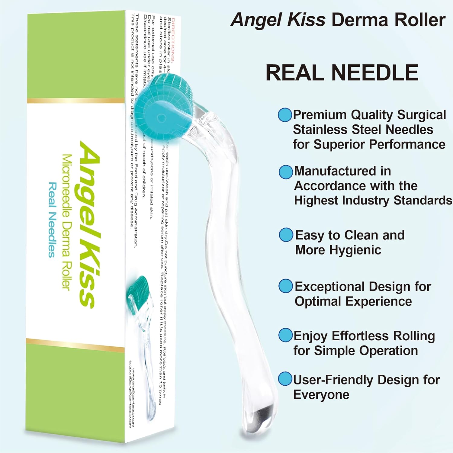 Derma Roller Real Needles - Angel Kiss 0.25mm Microneedling Roller with Case - 192 Stainless Steel Micro Needling Dermal Kit for Face, Scalp, Body - At Home Microdermabrasion Roller for Women Men