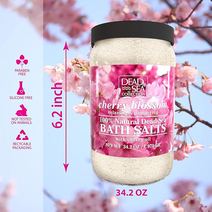 Dead Sea Collection Bath Salts with Cherry Blossom – Pure Dead Sea Salt and Sweet Cherry Oil - Nourishing Soothing and Relaxing Skin and Muscle – 34.2 Oz