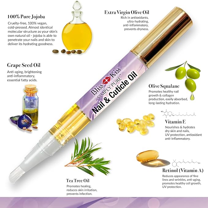 Bliss Kiss | 4 Lavender Vanilla | Oil Cuticle Pen w/Vitamin E & Jojoba⏤Nail Strengthener Nail Growth Serum for Brittle Peeling Breaking Thin Nails