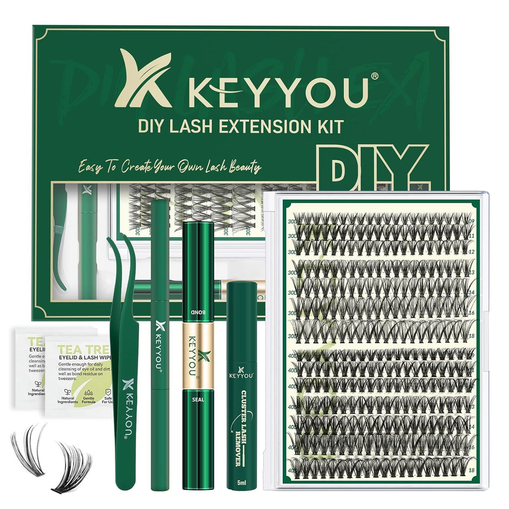 KEYYOU Lash Extension Kit DIY 280Pcs Lash Clusters Eyelash Extension Kit 30D40D,D Curl 9-18MIX Lash Clusters Kit with Lash Glue Remover Applicator Easy to Use for Beginners(Kit,30D40D-D,9-18MIX)