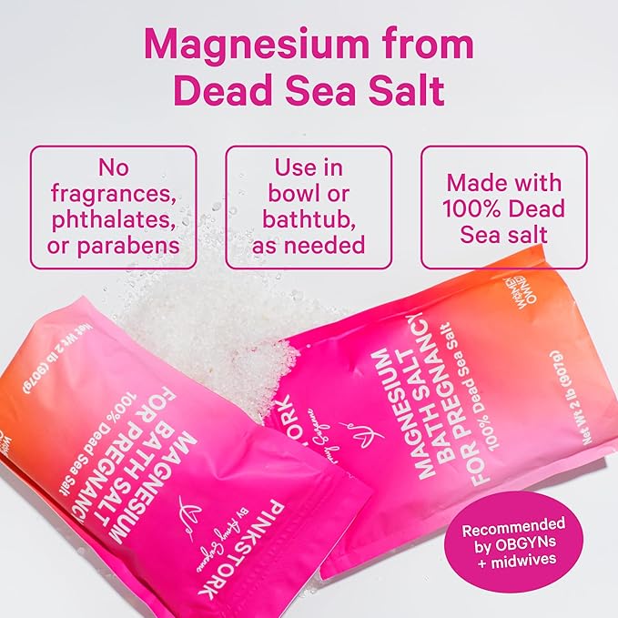 Pink Stork Pregnancy Bath Flakes: Magnesium Bath Salts for Pregnant Women, Dead Sea Salts for Soaking in Bath or Foot Soak, Pregnancy Must Haves, Unscented Without Parabens or Fragrance, 2 lbs
