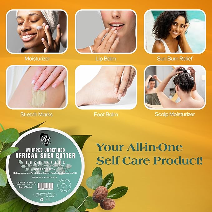 RA COSMETICS Whipped Shea Butter Eucalyptus – 6oz | 100% Pure and Natural African Shea Butter for Men & Women - Ultimate Handcrafted Moisturizer with Essential Vitamins for Radiant Skin & Hair