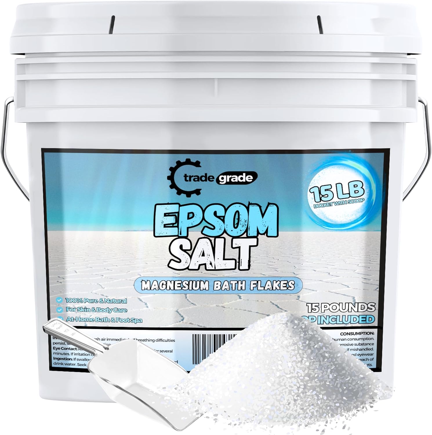 Epsom Salt Bath Soak 15 lb Bucket – Unscented, Pure Epsom Salt Bulk Crystals, Magnesium Sulfate for Full Body or Foot Soaks, Resealable Container with Scoop for Home Bath Use
