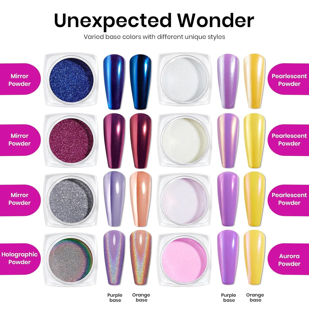 Beetles Chrome Nail Powder 8 Colors Metallic Mirror Effect Chrome Nail Powder with Liquid Latex Tape Kit,White Silver Pigment Iridescent Mermaid Glitter Pink Blue, Gel Polish Decoration Gift for Women