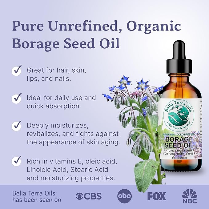 Bella Terra Oils - Organic Borage Seed Oil 2 oz - Cold-Pressed Excellence, Rich in Gamma-Linolenic Acid (GLA), Vitamins & Minerals, Ideal Nourishing Elixir for Skin