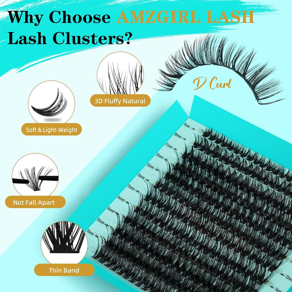 Lash Clusters Kit 240PCS Eyelash Extension Kit D Curl Wispy Clusters Lash DIY Lashes Extensions Kit Natural Individual Lashes Kit with Lash Bond and Seal Eyelash Tweezer(50D,D-Mix9-16mm)