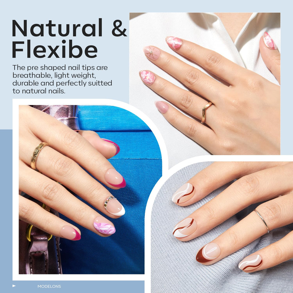 modelones Extra Short Almond Gel Nail Tips Kit, 9-in-One Nail Glue with Portable U V Lamp 216Pcs 12Sizes Pre-Etched Press ons Fake Acrylic Extension Kit DIY Salon Gift for Women