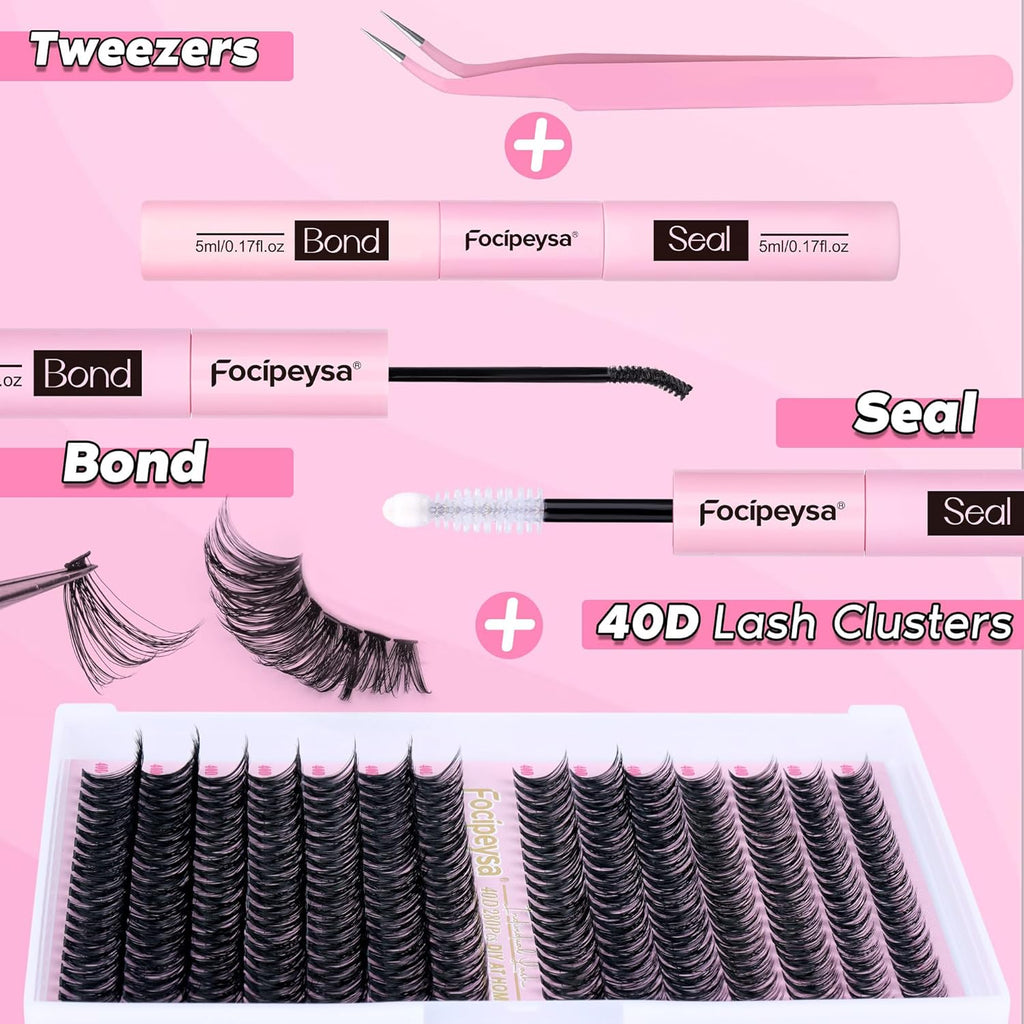 Focipeysa Eyelash Extension Kit D Curl Lash Clusters 280pcs DIY Lash Extension Kit 40D Individual Lashes with Lash Bond and Seal Lash Applicator DIY Lashes Kit for Individual Eyelashes Beginners