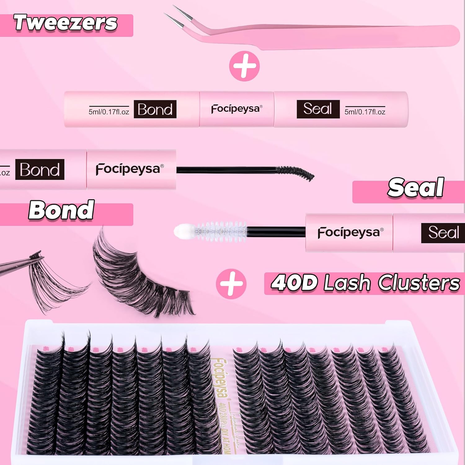 Focipeysa Eyelash Extension Kit D Curl Lash Clusters 280pcs DIY Lash Extension Kit 40D Individual Lashes with Lash Bond and Seal Lash Applicator DIY Lashes Kit for Individual Eyelashes Beginners
