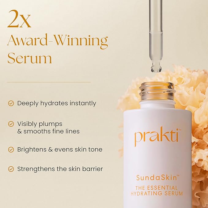 Prakti SundaSkin Essential Hydrating Serum with Snow Mushroom, Licorice Root & Niacinamide, Visibly Plumps, Smooths & Evens Skin Tone, 1 fl oz