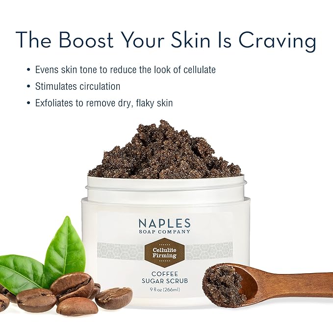 Naples Soap Company Cellulite Firming Coffee Sugar Scrub – Natural Exfoliating and Hydrating Body Scrub for Soft, Radiant Skin – Gluten Free, No Harmful Ingredients, 9 oz