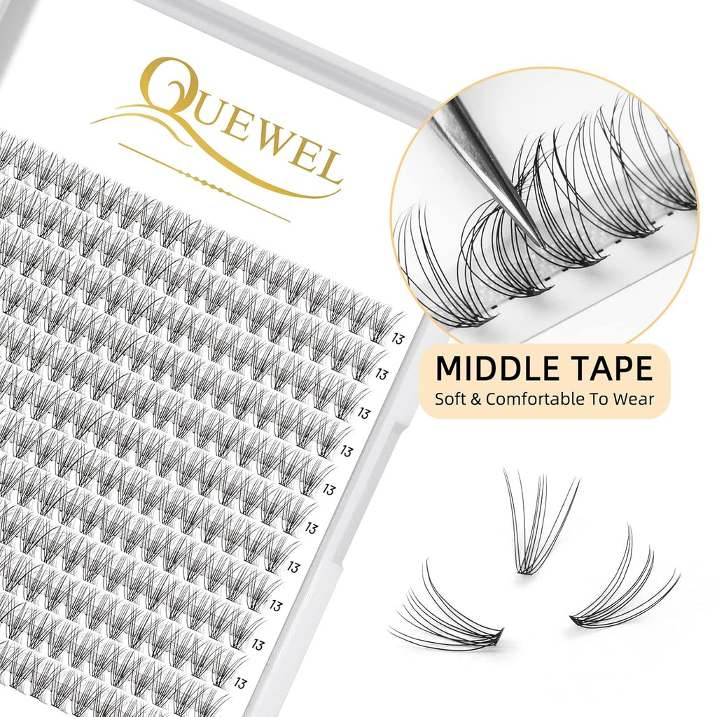 QUEWEL Cluster Lashes 240Pcs Individual Lashes 10D 0.10D Curl 13mm Knot-Free Lash Extensions Clusters Lashes Soft&Natural False Eyelashes Individual DIY Eyelash Extension at Home(10D 0.10D 13)