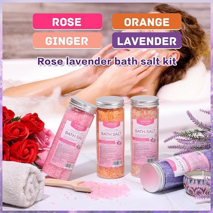 Bath Salt 4 Pack Kit 56 OZ Himalayan Pink Salt Foot Soak Lavender Orange Rose Scent Tea Tree Oil Epsom Salt Bubble Bath for Women Dead Sea Salt Moisturizing Skin Softens Calluses