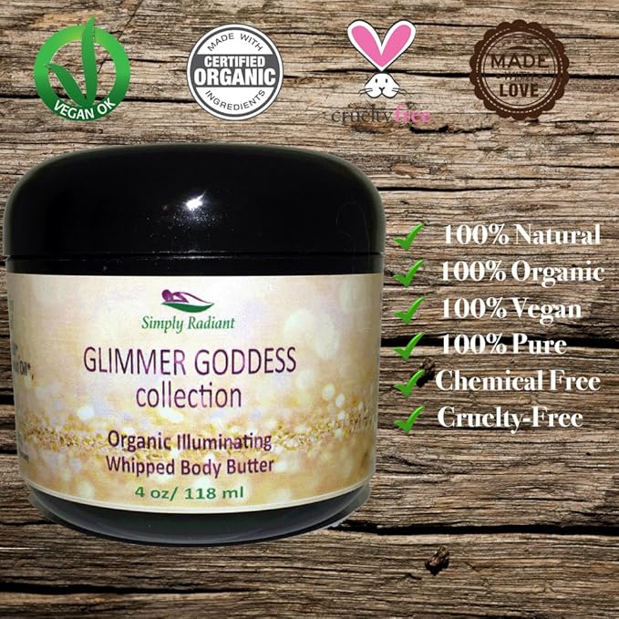 GLIMMER GODDESS Organic Whipped Body Butter - Super Level 3 Diamond Shimmer - Moisturizing & Nourishing Skincare with Natural Ingredients - Luxurious Glow & Hydration for All Skin Types - 4.0 oz