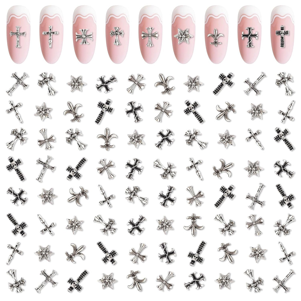 Artdone Nail Art Studs Kit, 3D Silver Cross Nail Charms and Star Gems Bulk Nail Jewels Shiny Crosses for DIY Professional Manicures Decoration