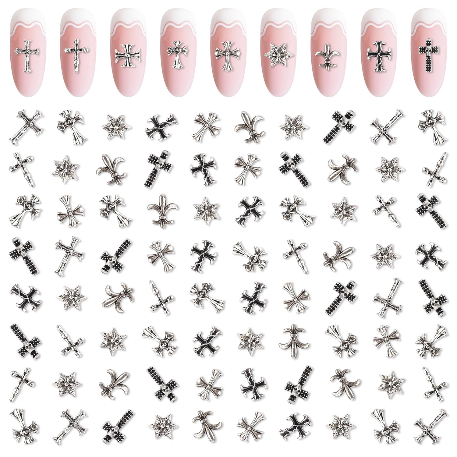 Artdone Nail Art Studs Kit, 3D Silver Cross Nail Charms and Star Gems Bulk Nail Jewels Shiny Crosses for DIY Professional Manicures Decoration