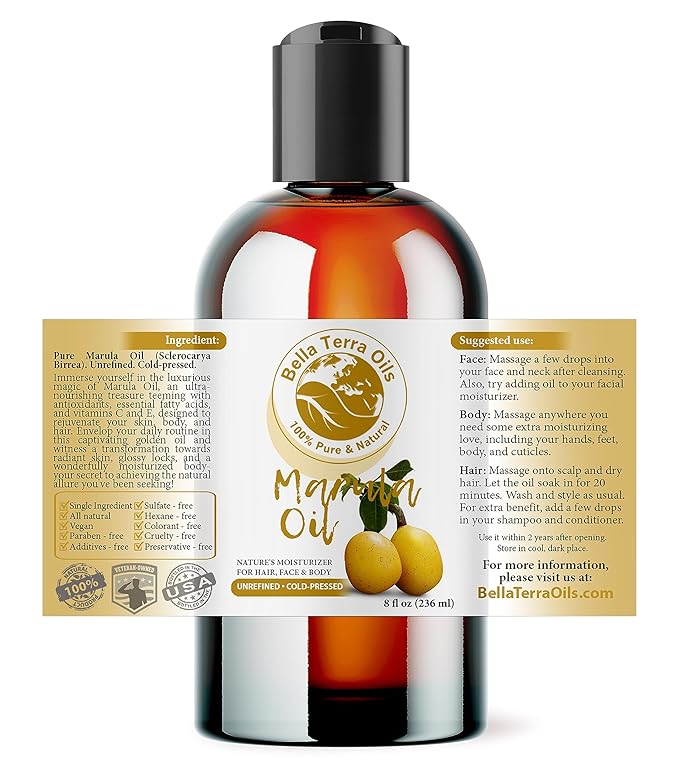 Bella Terra Oils - Marula Oil for Face 8 oz - Cold-Pressed Essence, A Symphony of Essential Fatty Acids, for an Enriched Skin Experience