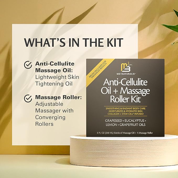 M3 Naturals Anti Cellulite Oil and Lymphatic Drainage Massager Kit | Fascia Blaster for Contoured & Smoother Skin | Muscle Roller for Sore Arms, Legs, Stomach & Buttocks