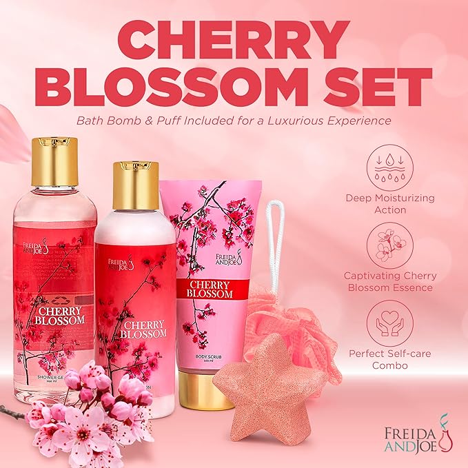 Bath and Body Gift Basket For Women – 5 Piece Set of Cherry Blossom Bath & Body Collection Gift Box, Includes Shower Gel, Body Lotion, Body Scrub, Bath Bomb & Sponge - Appreciation Gift Ideas