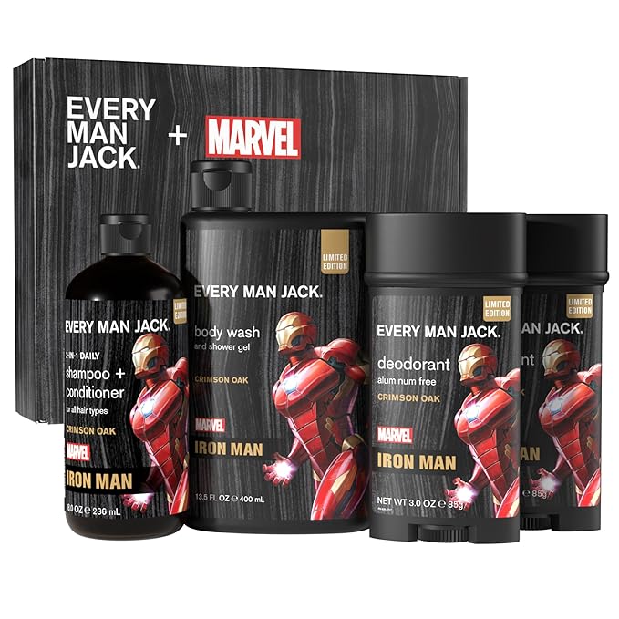 Every Man Jack Iron Man Body Set - Perfect for Every Guy & Marvel-Lover - Bath and Body Marvel Gift Set with Clean Ingredients & Incredible Scents - Includes Body Wash, Shampoo & Deodorant 2-Pack