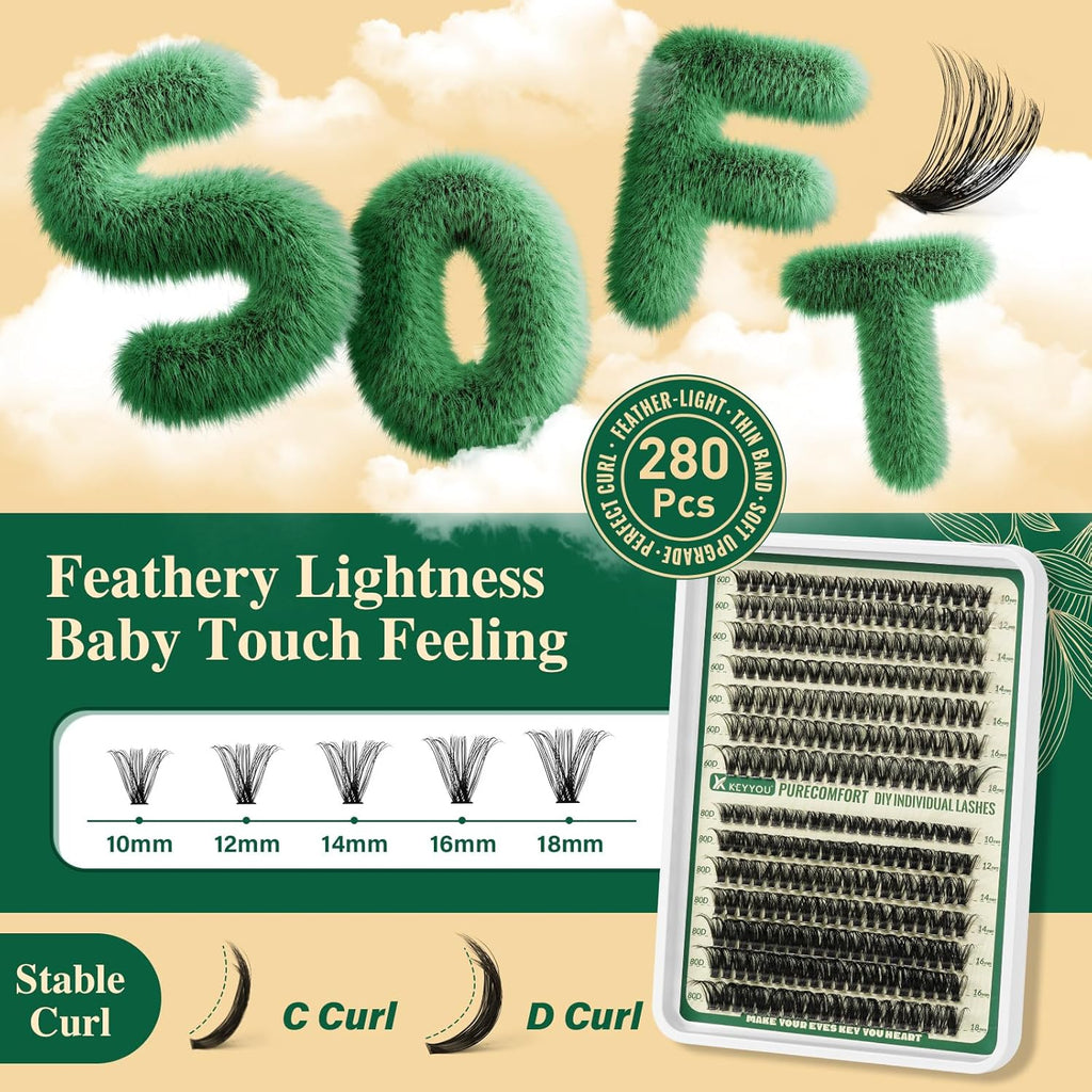 KEYYOU DIY Lash Extension Kit 280pcs Soft Lash Clusters 60D+80D C Curl Easy to use with Lash Bond and Seal Lash Applicator Lash Remover Eyelash Extension Kit at Home(RMkit-60D80D-C-10-18mix)