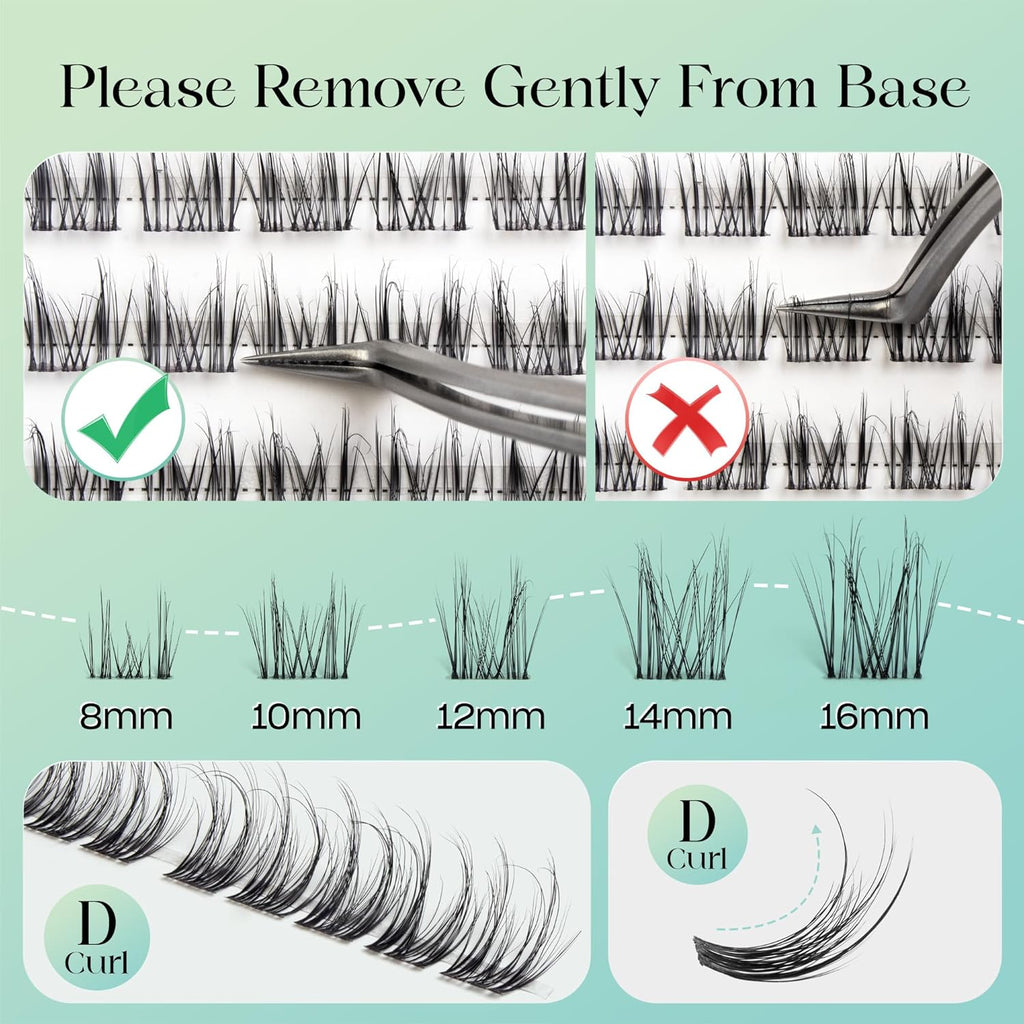 Lash Clusters 0.05mm Individual Lashes, 3D Wispy Lashes Clusters, 0.1mm Super Thin Band Resuable Natural Lashes,D Curl Faux Mink Lashes,180pcs Lash Extension (Green Charm-D-0.05-8-16mix)